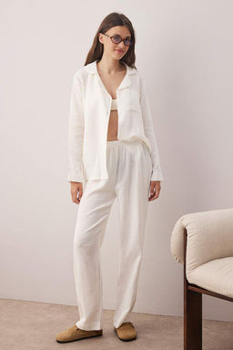 Ekru %100 Pamuklu Cepli Muslin Kumas Dokuma Pijama Tak?m? THMAW26PT00023