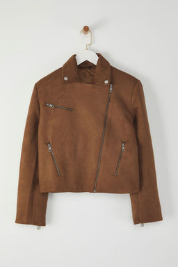 Kahverengi Regular Suet Biker Ceket Mont TWOSS25MO00008
