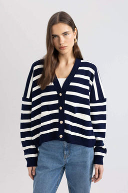 Oversize Genis Kal?p Genis Kal?p Cizgili V Yaka Triko H?rka - Defacto фото 2