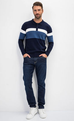 Джемпер мужской с отложным воротником и планкой на пуговицах F221-15-22021A тёмно-синий - Fine joyce фото 2