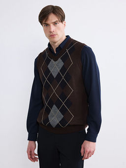 V Yaka Baklava Desenli Erkek Triko Kazak