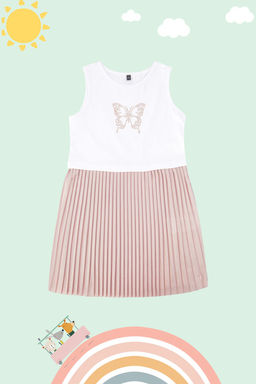 Beyaz K?z Cocuk Kelebek Desenli Bask?l? Bayraml?k Orme Elbise TKDSS24EL00008