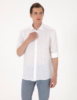 Beyaz %100 Keten Regular Fit Uzunkollu G_mlek