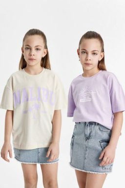 K?z Cocuk Relax Fit Bisiklet Yaka Bask?l? 2li K?sa Kollu Tisort