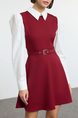TRENDYOLMILLA Bordo Kemerli Belden Ac?lan Gomlek Detayl? Mini Dokuma Elbise TWOAW25EL00398 фото 2