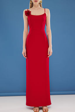 TRENDYOLMILLA K?rm?z? A-Kesim Cicek Aplike Detayl? Straplez Dokuma S?k Maxi Abiye Elbise TPRSS25AE00077  фото 5