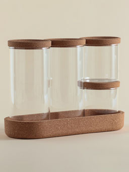 Банки для сыпучих SL Home «Алькорноке», 2 банки 280 ми, 2 банки 650 мл, с пробковой крышкой, на подставке, стекло, прозрачные
