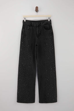 Siyah DOKUMLU Tasl? Dikis Detayl? Yuksek Bel %100 Pamuk Wide Leg Jeans TWOSS26JE00079 - Trendyolmilla фото 5