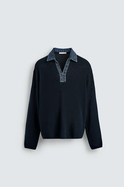 DENIM COLLAR COMBINATION KNIT POLO SHIRT - Zara фото 7