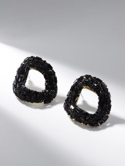 Серьги со стразами QF Блеск бублик, чёрные в золоте