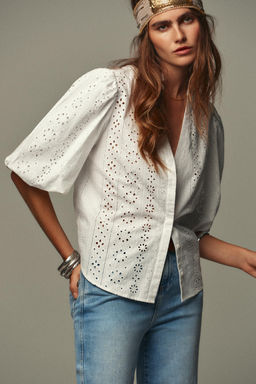 SHIRT WITH CUTWORK EMBROIDERY AND PUFF SLEEVES - Zara фото 2