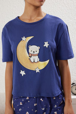 Lacivert %100 Pamuklu Ay?c?k ve Y?ld?z Desenli Sortlu Orme Pijama Tak?m? THMSS25PT00081