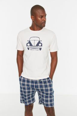 TRENDYOL MAN Bej %100 Pamuk Regular Fit Bask? Detayl? Sortlu Pijama Tak?m? THMSS21PT0329