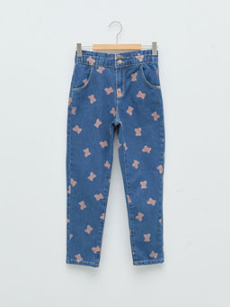 Beli Lastikli Bask?l? K?z ?ocuk Jean Pantolon