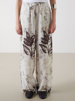 Beli Lastikli ?i?ekli Geni? Pa?a Kad?n Pantolon