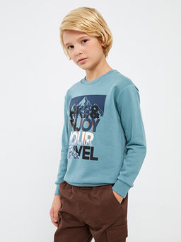 Bisiklet Yaka Bask?l? Uzun Kollu Erkek ?ocuk Sweatshirt