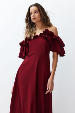 Bordo A-Kesim Volanl? Dokuma Uzun S?k Abiye Elbise TPRSS24AE00054