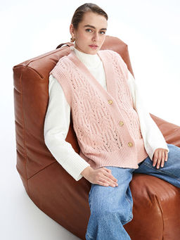 V Yaka Kendinden Desenli Kad?n Triko Yelek