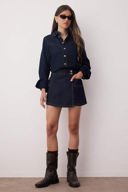 Koyu Mavi Cep Detayl? Kruvaze Denim Sort Etek TWOAW26SR00021