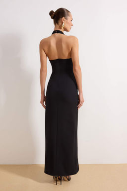 Siyah Aksesuar Detayl? Y?rtmacl? Dokuma Maxi Abiye & Mezuniyet Elbisesi