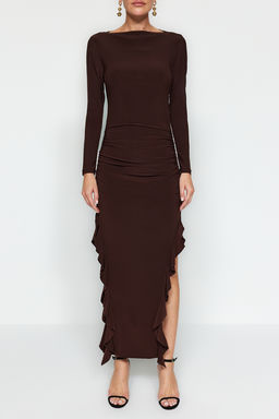 TRENDYOLMILLA Siyah Etegi Volanl? Kay?k Kaya Maxi Esnek Orme Elbise TWOAW24EL00616  фото 5