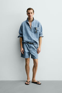 BERMUDA DENIM  RELAXED FIT PLIEGUES / Azul claro