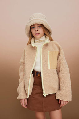 Плюшевый кардиган-бомбер с воротником-студентом для девочек - Defacto фото 3