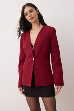 Bordo Fitted/Vucuda Oturan Tek Dugmeli Dokuma Blazer Ceket TWOAW26BC00066