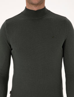 Koyu Haki Slim Fit Yar_m Bal_k__ Yaka Basic Triko Kazak
