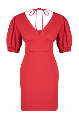 K?rm?z? A Kesim S?rt Datayl? Balon Kollu Mini Dokuma Elbise TWOSS24EL00652