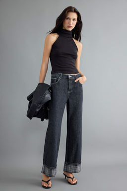 Antrasit %100 Pamuk Pa_a Ekose Detayl_ Y_ksek Bel Wide Leg Jeans TWOAW27JE00015 - Trendyolmilla фото 6