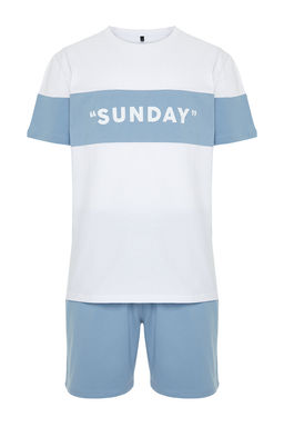 TRENDYOL MAN Mavi Regular Fit Slogan Bask?l? Orme Sortlu Pijama Tak?m? TMNSS24PT00002 - Trendyolmilla фото 8