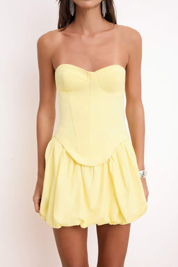 Ac?k Sar? Balon Etek Detayl? Dokuma Mini Elbise TPRSS26EL00038