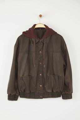 Kahverengi Oversize C?kar?labilir Kapusonlu Eskitme Efektli Suni Deri Bomber Mont TWOAW26MO00008 - Trendyolmilla фото 5
