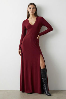 Bordo Duz V Yaka Skater/Belden Ac?lan Esnek Maxi Orme Elbise TWOAW25EL00299