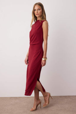 Koyu Visne Aksesuar Detayl? Midi Dokuma Elbise TWOSS25EL00862 - Trendyolmilla фото 6