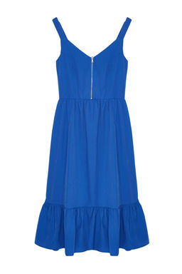 Koyu Mavi Belden Ac?lan Fermuar Detayl? Midi Astarl? Dokuma Elbise TWOSS20EL2208