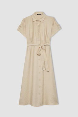 Льняное платье-миди с рубашечным воротником и поясом с короткими рукавами - Defacto фото 8