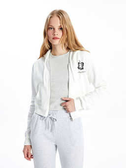 Kap??onlu Bask?l? Uzun Kollu Kad?n Fermuarl? Sweatshirt