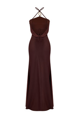 Kahverengi Aksesuar Detayl? Dokuma Saten Maxi Abiye & Mezuniyet Elbisesi TPRSS26AE00013 - Trendyolmilla фото 14