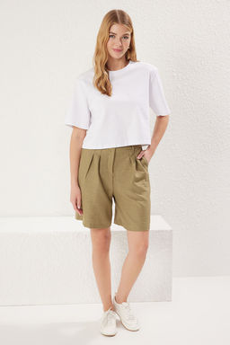 TRENDYOLMILLA Yag Yesili Yuksek Bel Keten Gorunumlu Genis Paca Sort Dokuma Sort & Bermuda TWOSS25SR00029  фото 3