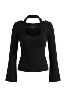 Siyah Fitted/Vucuda Oturan Kay?k Yaka Aksesuar Detayl? Pamuk Ribana Orme Bluz TWOSS26BZ00222