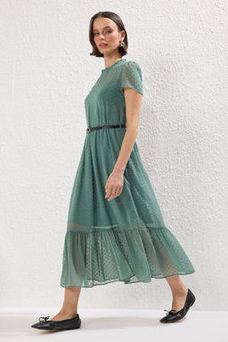 TRENDYOLMILLA Siyah Kemerli A Kesim Astarl? Midi Dokuma Elbise TWOSS20EL0983