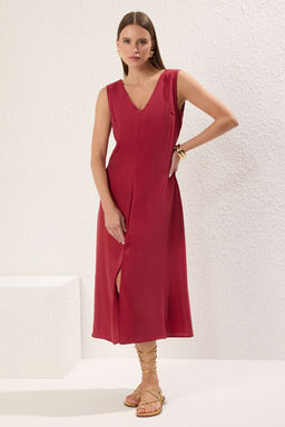 TRENDYOLMILLA Bordo Duz Kesim Midi Dokuma Elbise TWOSS25EL00288  фото 2