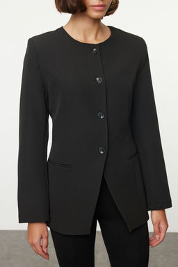 TRENDYOLMILLA Siyah Yuvarlak / Bisiklet Yakal? Fitted Bele Oturan Dokuma Blazer Ceket TWOAW25BC00009  фото 3