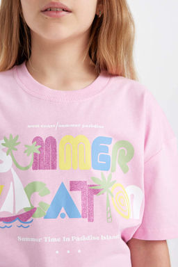 Футболка с короткими рукавами и принтом для девочек Relax Fit - Defacto фото 5
