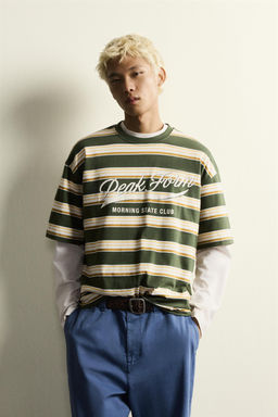 CAMISETA RELAXED FIT RAYAS TEXTO / Raya verde - Zara фото 2