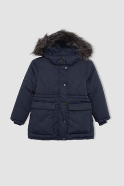 Водоотталкивающая куртка со съемным капюшоном и подкладкой из искусственного меха для девочек, пальто - Defacto фото 10