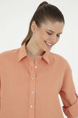 Женская льняная рубашка лососевого цвета с длинным рукавом Неожиданная скидка в корзине - U.s. polo assn фото 2