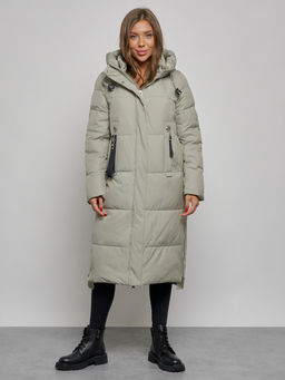 Пальто утепленное молодежное зимнее женское зеленого цвета 52351Z